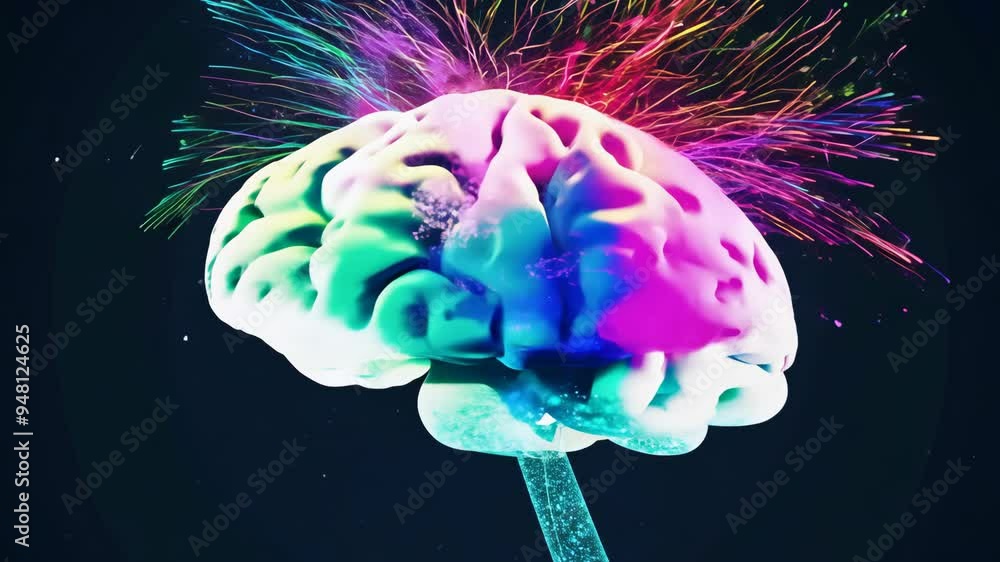 Poster creative concept art showcasing a vibrant 3d brain design with colorful patterns and textures