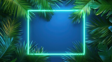 Fototapeta premium Vibrant tropical leaves surround a glowing neon frame, creating a refreshing and inviting atmosphere.