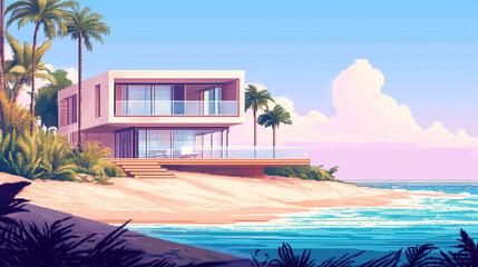 A large white house with a balcony overlooking the ocean in pixel art. The house is surrounded by palm trees and the beach