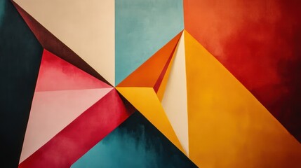 A vibrant abstract painting showcasing dynamic geometric shapes in blue, red, and orange hues.