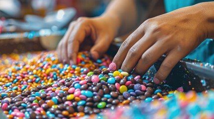 Obraz premium Close-up of hands creating colorful candies, emphasizing the craftsmanship and skill involved in making them.