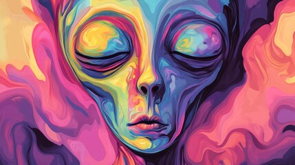 A vibrant, abstract representation of an alien figure with oversized features, surrounded by a swirl of colorful, dreamy patterns.
