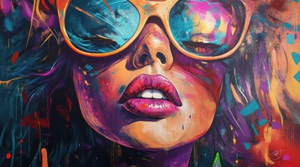Obraz premium A vibrant, close-up portrait of a woman with bold makeup and stylish sunglasses, exuding confidence and artistic flair.