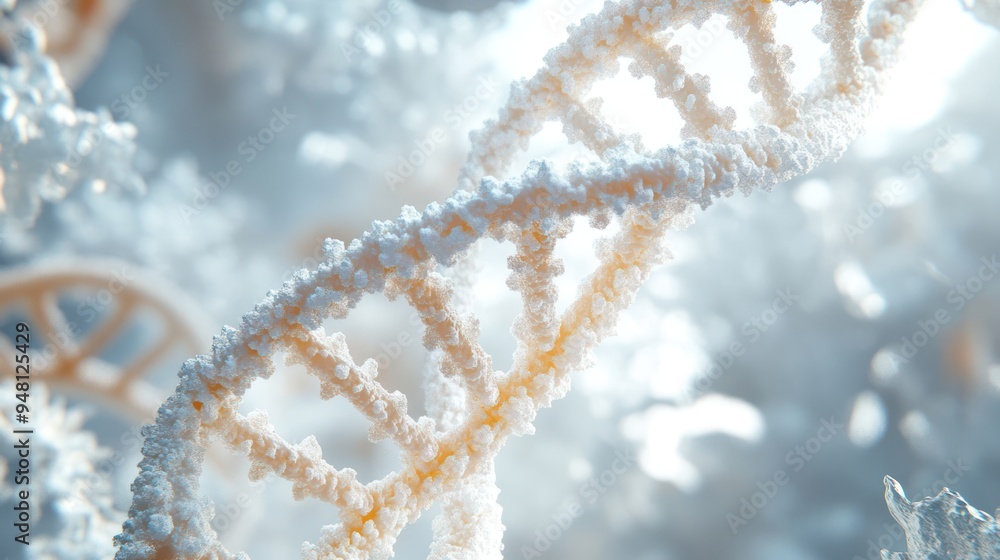 Poster a close-up of a dna double helix structure, showcasing intricate details in a soft, ethereal light.