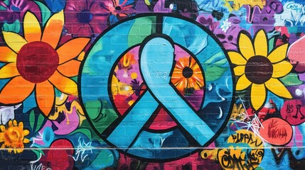 Obraz premium Vibrant peace mural featuring colorful flowers and a blue ribbon symbolizing hope and unity.