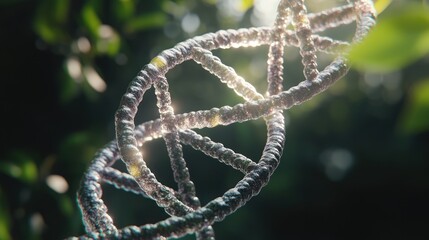 A captivating close-up of a DNA double helix, gleaming in sunlight among lush greenery, symbolizing life and science.