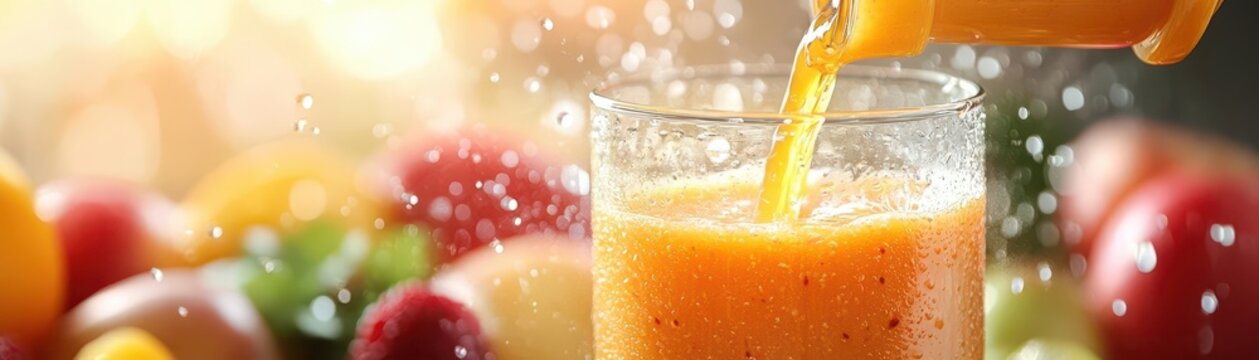 Juicer with fruits squeezing fresh juice into a glass