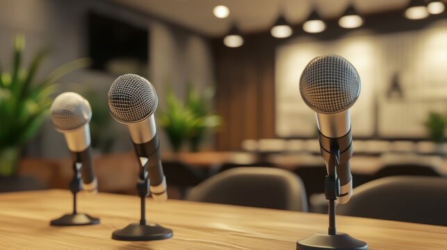 Three Microphones on a Wooden Table in a Conference Room