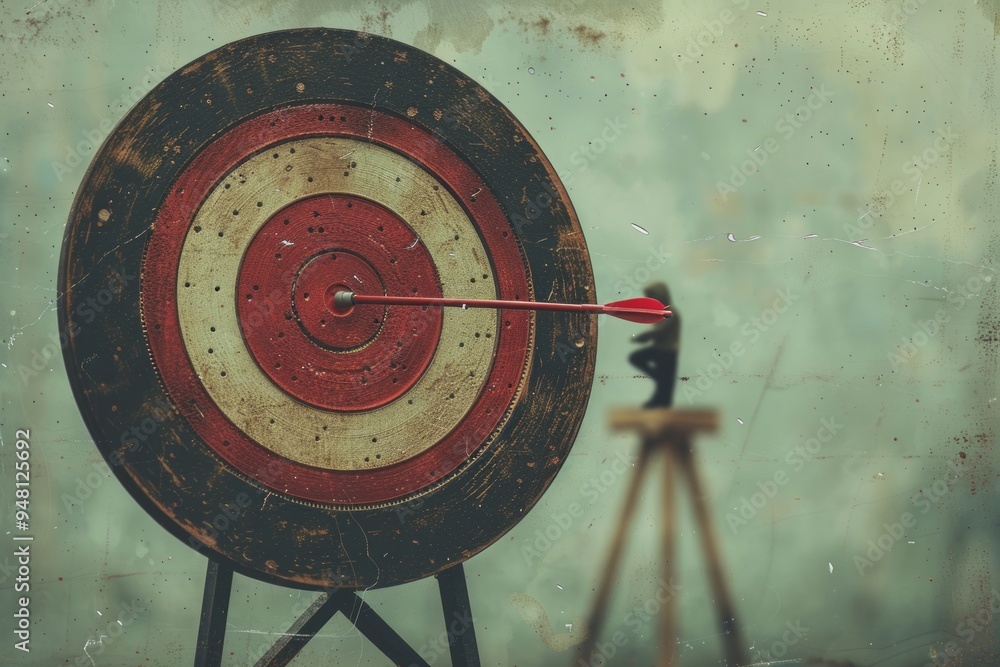 Poster a dart strikes the bullseye as an archer prepares for the next shot in a rustic setting
