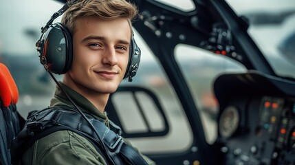 A young Caucasian male pilot smiles confidently in the cockpit, wearing headphones and a flight suit, ready for an aviation adventure.