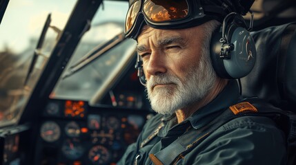 Obraz premium Senior male pilot with gray beard focused in cockpit, wearing aviator glasses and headphones, embodying experience and determination.