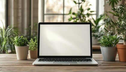 Fototapeta premium Laptop with a blank screen open on a desk, ready for work