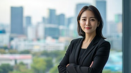 Fototapeta premium Confident Asian businesswoman stands with arms crossed in cityscape office background