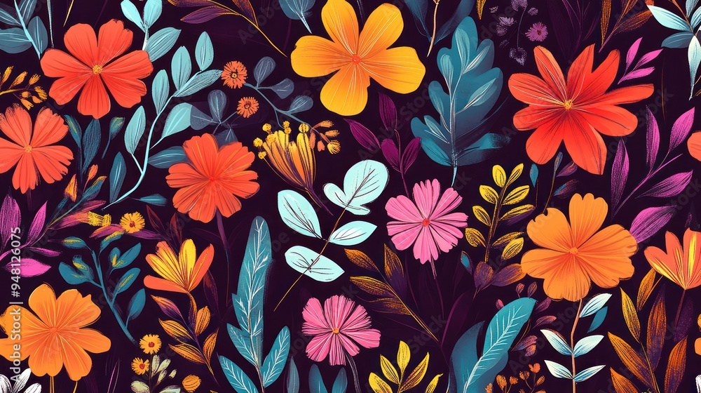Aufkleber a vibrant array of colorful flowers and leaves set against a dark background, creating a striking bo