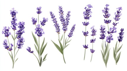 Naklejka premium An elegant display of lavender flowers in varying arrangements, showcasing their vibrant purple hues and delicate foliage.