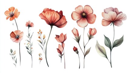 A beautiful collection of watercolor wildflowers in soft peach and pink tones, showcasing their delicate details and natural elegance.