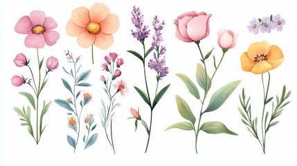 A vibrant assortment of beautifully illustrated flowers in soft pastel colors, perfect for floral design inspiration.