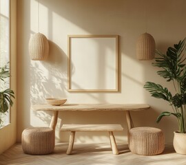 An interior view of a Spanish villa's living room as a mockup, rendered in 3D