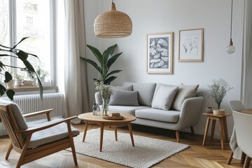 Mock up of empty posters on the wall. Modern living room interior. Wooden floor and stylish furniture. Concept of contemporary design.