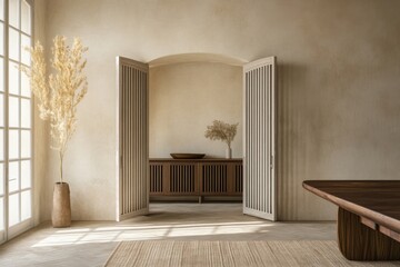 Interior of bright living room with chairs, dining table, and an empty wall
