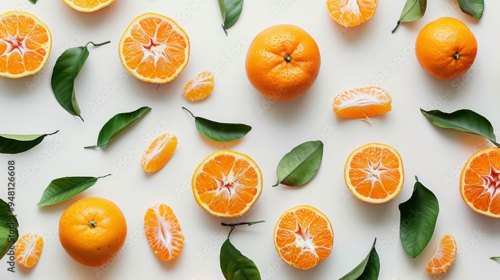 Poster a flat lay of tangerines and tangerine halves on a simple background, capturing the bright and appea