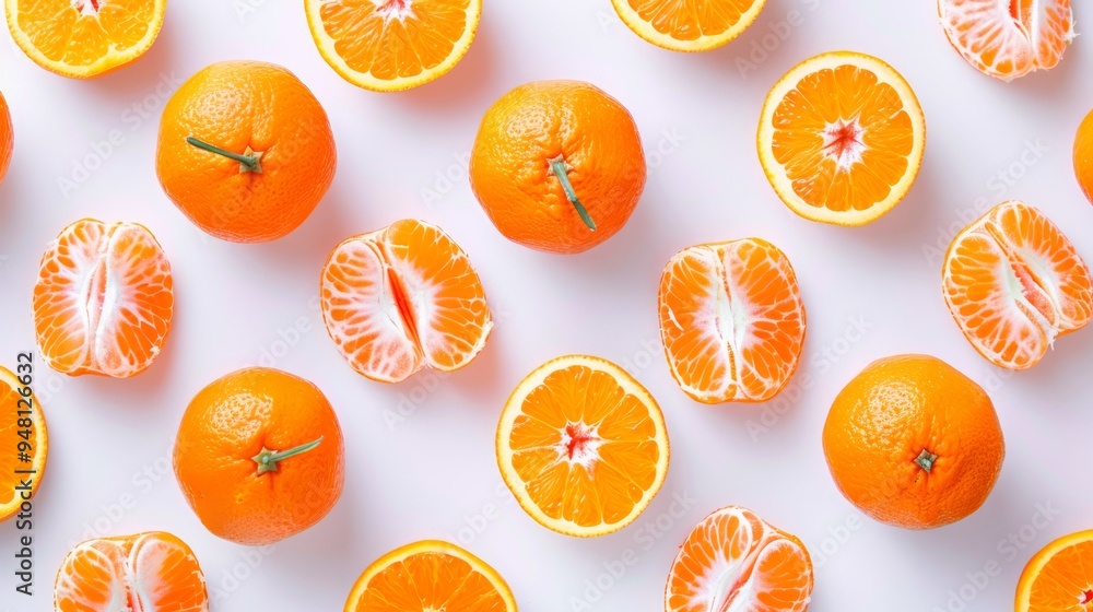Poster a flat lay of tangerines and tangerine halves on a simple background, capturing the bright and appea