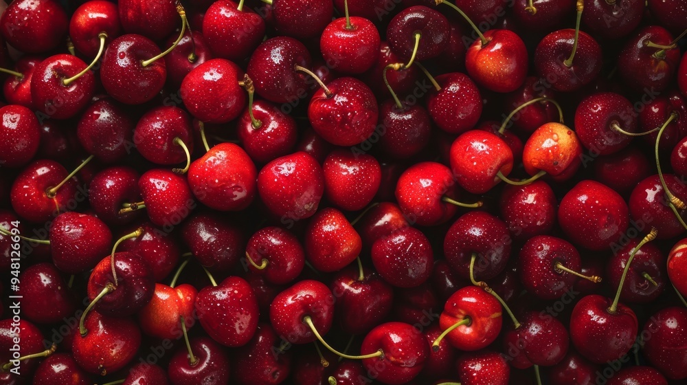 Poster A fresh and colorful background composed of cherries arranged in an overlapping pattern, showcasing their natural gloss and texture