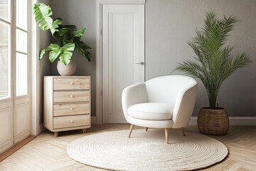 A modern room with a chest of drawers and a chair