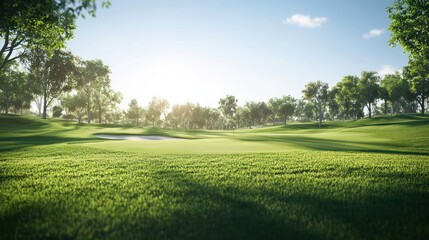 Lush green golf course landscape at sunrise, showcasing rolling hills and a serene atmosphere.