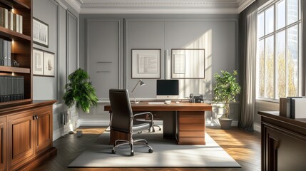 Fototapeta premium Spacious modern office interior with elegant wooden desk, comfortable chair, and abundant natural light.