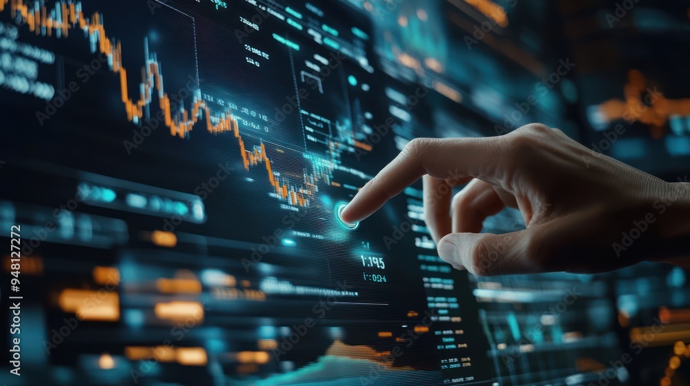 Poster a close-up of a hand interacting with a digital financial dashboard, showcasing data analytics in a 