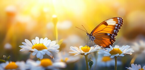 Butterfly Landing on a Daisy in a Field of Flowers at Sunset