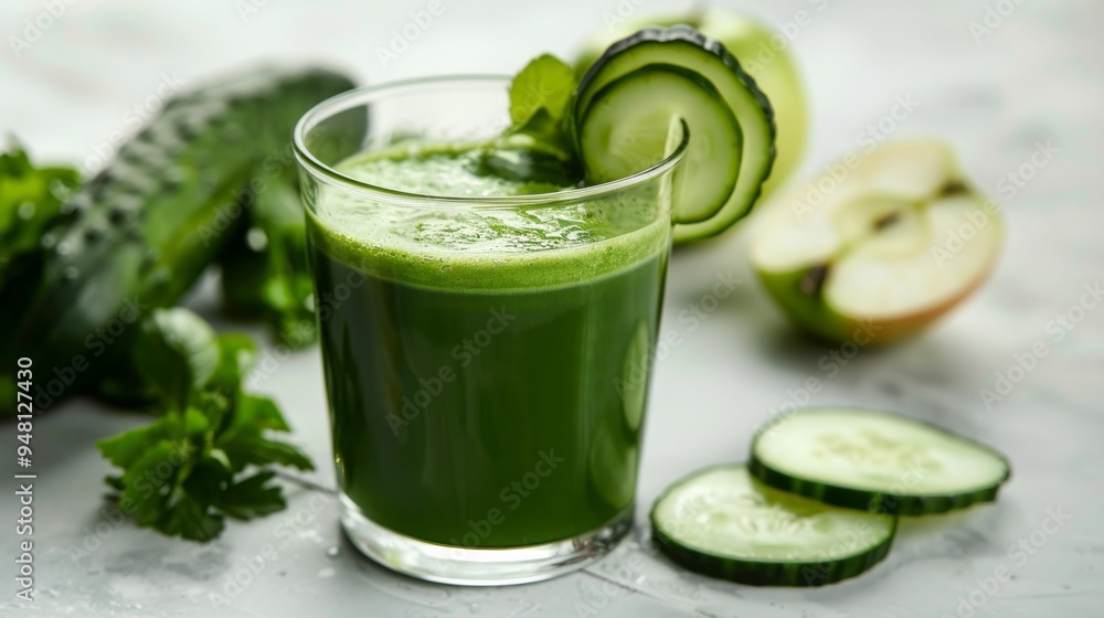 Poster a green juice in a glass with a smooth, vibrant appearance, set on a minimalist background with a fe