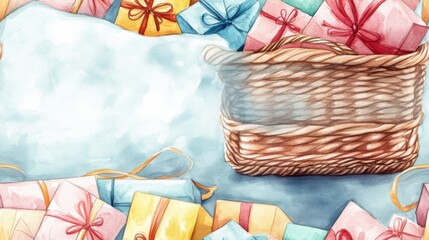 A cartoon-style, light watercolor close-up of a basket filled with beautifully wrapped gift sets and colorful cards. Perfect for any celebration or special occasion.