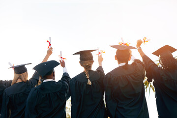 Graduation, diploma or back of students with certificate at university for education, opportunity...