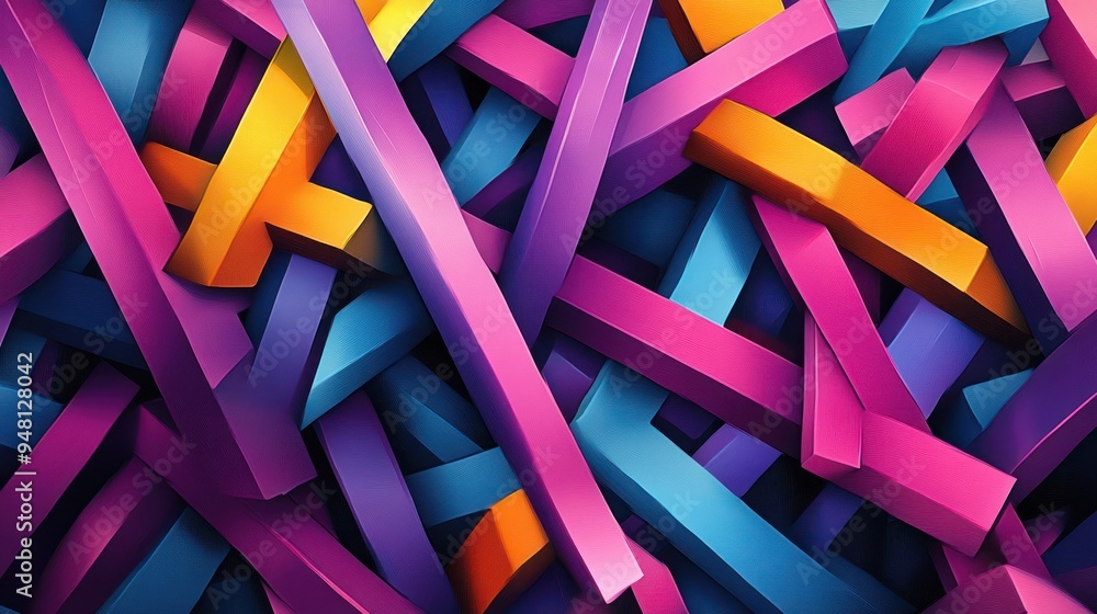 Poster a vibrant abstract composition featuring a colorful array of intersecting ribbons in shades of pink,