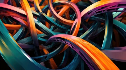 Colorful abstract composition of intertwining ribbons in vibrant hues of orange, blue, and purple.