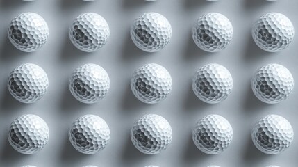 A uniform arrangement of white golf balls showcasing their textured surfaces and dimples, creating a visually striking pattern.
