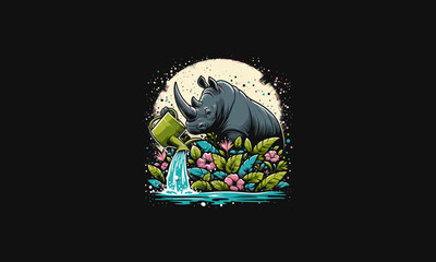 rhino watering the plants vector illustration design