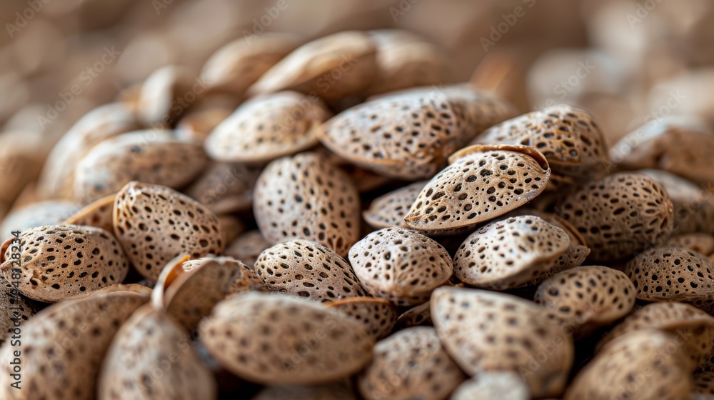 Poster a heap of raw almonds with their brown shells intact