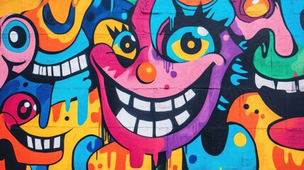 Vibrant urban graffiti mural featuring colorful cartoon faces with exaggerated smiles and playful expressions.