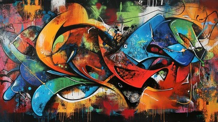 Vibrant abstract graffiti art featuring dynamic swirls of orange, blue, and green, creating an energetic and lively atmosphere.