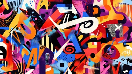 Vibrant abstract mural filled with dynamic shapes and colors, showcasing artistic expression.