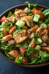 Fototapeta premium Fattoush - A Levantine salad made with mixed greens, tomatoes, cucumbers, and crispy fried pieces of pita bread.