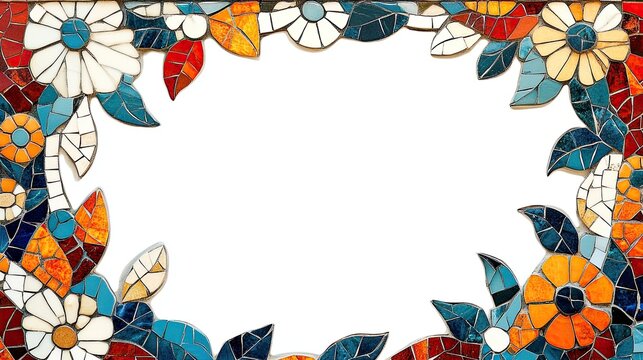 98. A mosaic frame with intricate patterns and bold hues, the colorful tiles creating a striking and artistic border that contrasts beautifully with the white background, reminiscent of traditional
