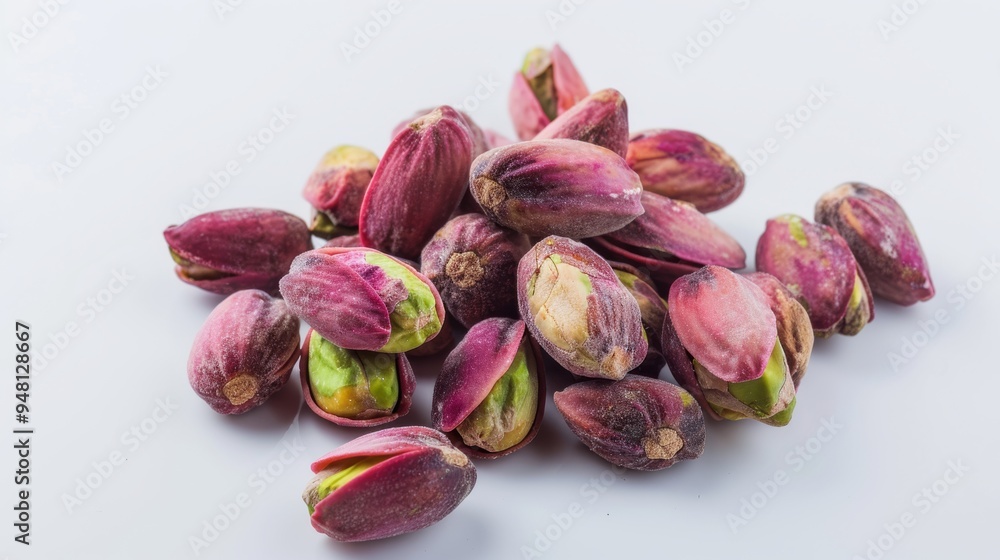 Fototapete a macro image of pistachio nuts showing their unique texture and color, placed on a white background