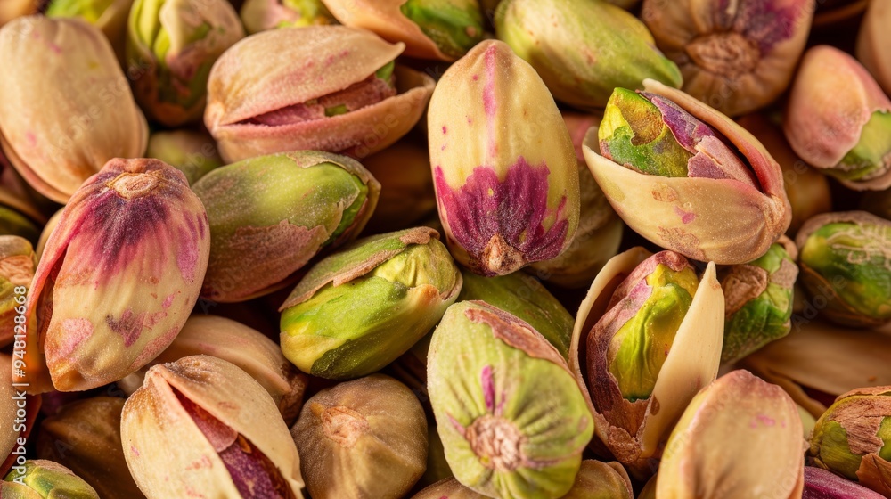 Poster A macro image of pistachio nuts showing their unique texture and color, placed on a white background for contrast.
