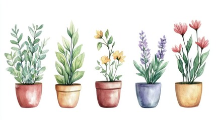 A colorful array of potted plants, featuring a variety of green leaves and vibrant flowers in artistic watercolor style.