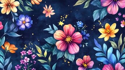 Vibrant floral pattern featuring a variety of colorful flowers against a deep navy background.