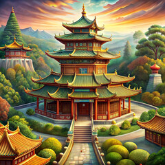 Fototapeta premium Stunning traditional Asian pagoda surrounded by lush greenery and mountains at sunset
